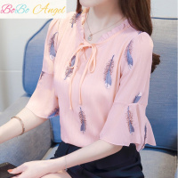 BOBO Angel长/短袖雪纺衫女2019新款刺绣花五分袖蝴蝶结超仙上衣喇叭袖衬衫