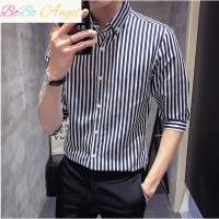 BOBO Angel夏季条纹短袖衬衫男学生韩版七分袖格子衬衣修身青年潮流中袖寸衫