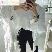 BOBO Angel2019秋季韩国东大上衣挂边带破洞袖口字母刺绣宽松套头卫衣女装