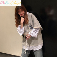 BOBO Angel2019春季新款韩版长袖宽松假两件不规则连帽学生薄款卫衣女上衣潮