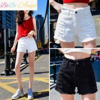 BOBO Angel[送腰带]夏季高腰牛仔短裤女韩宽松阔腿毛边破洞短裤学生热裤女