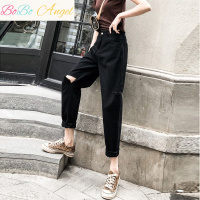 BOBO Angel 破洞牛仔裤女韩版学生2019夏款高腰黑色乞丐裤老爹裤宽松直筒裤子