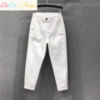 BOBO Angel夏季新款大码白色裤子女宽松显瘦松紧腰高腰牛仔裤休闲哈伦九分裤
