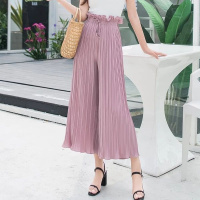 韩版荷叶边高腰雪纺百褶阔腿裤女宽松垂感九分休闲裤裙薄