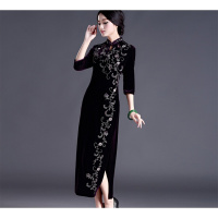 金丝绒旗袍手工钉珠长款中长袖中老年礼服妈妈唐装连衣裙修身