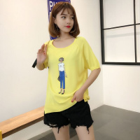 春新款圆领套头打底衫印花卡通小人百搭冰丝宽松针织衫短袖T恤女黄色[高跟鞋短袖]