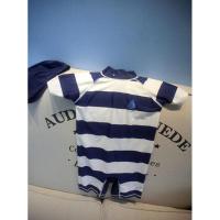 儿童泳衣男童男孩宝宝条纹帆船速干抗UV防晒连体冲浪服潮蓝白条纹(宽条纹)+帽子