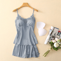 睡衣女夏性感冰丝套装情趣小胸火辣带胸垫带短裤两件套