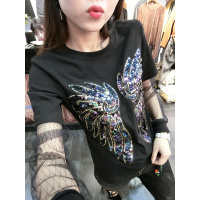 2018春秋新款长袖T恤女圆领网纱拼接翅膀亮片百搭打底衫潮