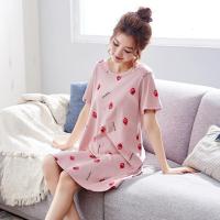 棉短袖中长睡裙少女夏季莓韩版清新学生宽松睡衣可外穿家居服莓粉1801纯棉裙