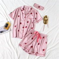 香蕉莓睡衣情侣冰丝女夏短袖甜美套装日系可爱大码宽松家居服男粉色莓丝质-女款送眼罩M-女款