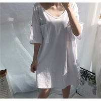 性感睡衣女睡裙春夏家居服韩版棉休闲中长款舒适宽松中袖裙v领 白色 均码
