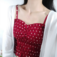 夏季新款性感一字领木耳边短款松紧皱褶波点带背心上衣打底衫女白色均码