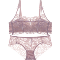 半杯抹胸少女内衣防走光聚拢裹胸式夏无钢圈蕾丝上托文胸套装藕色文胸+内裤
