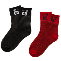 韩版街头潮袜女银葱亮丝袜薄款运动风日系学院风字母棉袜子黑+红均码