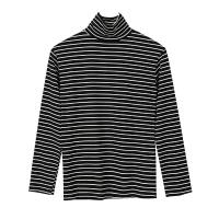 菌曼莎秋冬新款半高领长袖薄绒条纹T恤女修身加绒加厚保暖打底衫女