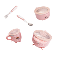 玉米 316不锈钢儿童餐具6件套 注水保温碗儿童吸盘碗套装 宝宝叉子勺子喝水杯子6件套 粉色