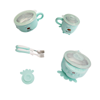 玉米 316不锈钢儿童餐具6件套 注水保温碗儿童吸盘碗套装 宝宝叉子勺子喝水杯子6件套 绿色