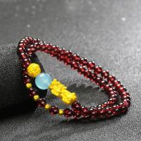 999足金3D硬金黄金貔貅手链 六字真言石榴石男女款手串路路通转运珠 附鉴定证书