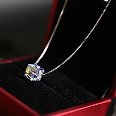 S925银方糖项链简约奥地利水晶坠女配饰项链锁骨链YWYDM76送女朋友七夕情人节礼物