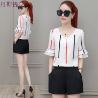 荷叶边蕾丝雪纺衫女短袖2018夏装新款韩版气质条纹遮肚子显瘦上衣