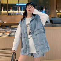 吾之语实拍 工装牛仔外套女潮韩版宽松百搭中长款大口袋水洗牛仔马甲