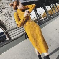 吾之语送腰带 2018秋冬新款女装中长款针织连衣裙修身打底毛衣包臂裙