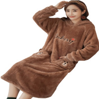 睡裙女冬季珊瑚绒长款可爱卡通甜美连帽法兰绒睡衣