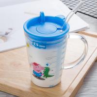 儿童水杯吸管杯 刻度量杯耐热玻璃杯 早餐喝奶牛奶杯带盖把手杯