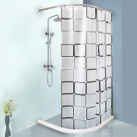 浴室弧形浴帘杆套装简易淋浴房加厚不锈钢L型打孔浴帘杆+挡水条+浴帘波迷娜BOMINA