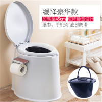 家用坐便器卫生间老人孕妇坐厕家用防臭便器带盖板塑料痰盂尿盆移动马桶缓降豪华款白色室内波迷娜BOMINA
