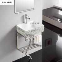 新款简易支架盆挂墙式盆陶瓷洗手盆小户型洗脸盆面盆卫生间阳台挂盆镀银盆48长+304置物支架不含下水龙头镜子