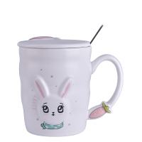 创意马克杯带盖勺ins少女生咖啡陶瓷杯子可爱水杯家用个性潮流 浮雕兔-呆萌