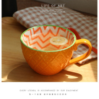 创意个性早餐微波炉陶瓷杯手绘麦片喝水牛奶咖啡杯微瑕马克杯 孔雀蓝橘色-400ml