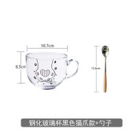 大容量玻璃杯马克杯燕麦杯子早餐杯带盖勺牛奶麦片杯咖啡杯家用 早餐杯黑色猫爪款+勺子(收藏加购送杯垫)