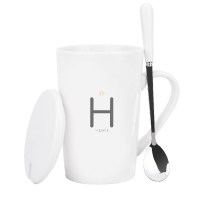 陶瓷马克杯带盖勺杯子创意个性潮流情侣咖啡杯男女牛奶杯家用水杯 H姓——经典灰带盖(送杯勺)