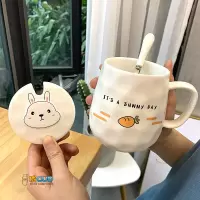 韩式可爱卡通兔子陶瓷马克杯带盖勺胡萝卜女生早餐牛奶水杯子 CY174陶瓷盖马克杯兔子+胡萝卜+白瓷钢勺