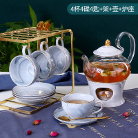 英式下午茶花茶茶具套装煮水果茶壶蜡烛加热花茶壶花茶杯耐热玻璃 灰色-4杯4碟4匙+金架+壶+炉座
