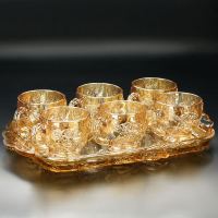 欧式简约创意水晶玻璃杯子家用套装客厅花茶杯喝水杯热水茶具托盘 金色月季杯子7件套装送杯垫6只