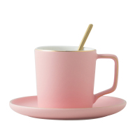 北欧风哑光轻陶瓷杯子碟子套装早餐杯咖啡杯办公牛奶杯 哑光粉一杯一勺一6寸碟