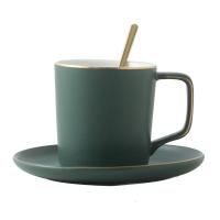 北欧风哑光轻陶瓷杯子碟子套装早餐杯咖啡杯办公牛奶杯 哑光绿一杯一勺一6寸碟