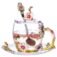 创意珐琅彩水杯家用咖啡杯软妹杯子少女心水晶玻璃杯果汁杯花茶杯 雏菊330ml矮款+珐琅勺+杯盖+盘-简装