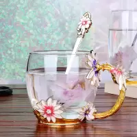 创意珐琅彩水杯家用咖啡杯软妹杯子少女心水晶玻璃杯果汁杯花茶杯 雏菊330ml矮款+珐琅勺-简装