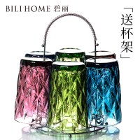 玻璃杯子家用网红高颜值水晶3色凉水杯套装冷饮果汁牛奶加厚 三色高杯带半圆杯架