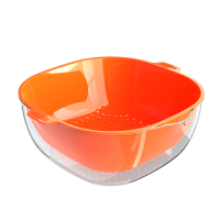 双层双色镂空沥水篮洗菜盆套装家用多功能厨房洗蔬菜水果盘子 靓丽橙