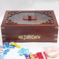 质创意中式果盘干果盘干果盒糖果分格带盖仿古木制瓜子盒 胡桃木色6格双层铜片款不印花请备注