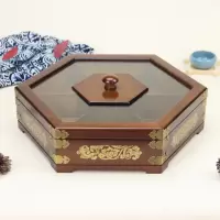 双层旋转中欧式客厅家用点心零食瓜子创意分格带盖木质干果盒 胡桃木色36.5cm铜片款
