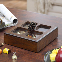 干果盘糖果盒家用木质客厅双层旋转瓜子点心水果盘零食分格收纳盒 松果方形单层-亚克力盖