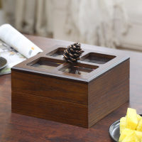 干果盘糖果盒家用木质客厅双层旋转瓜子点心水果盘零食分格收纳盒 松果方形双层-亚克力盖