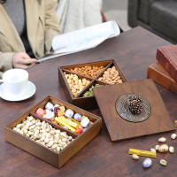 干果盘糖果盒家用木质客厅双层旋转瓜子点心水果盘零食分格收纳盒 松果方形双层